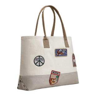 马登工装美式复古刺绣徽章帆布托特包大容量电脑包通勤手提包男女