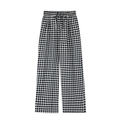 pusumede假日懒懒裤|复古格子休闲裤女抽绳宽松慵懒直筒阔腿长裤