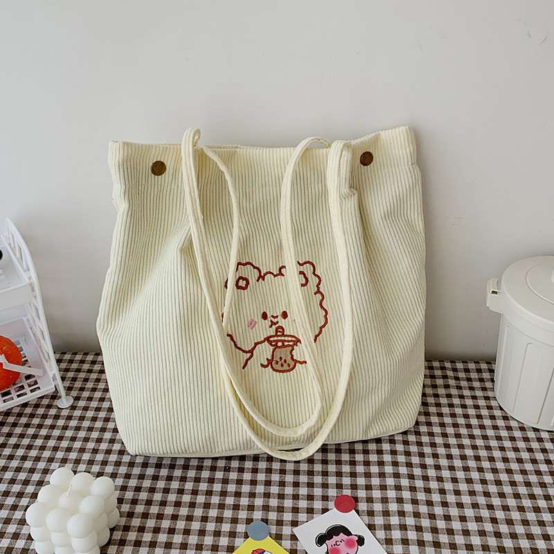 新品 可爱条绒包女卡通刺绣单肩包新款日系ins手提包灯芯绒学生上