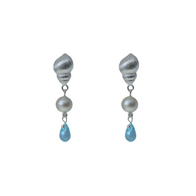 银海螺珍珠蓝色水滴耳环