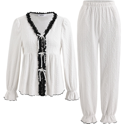 商场同款MYBODY冬季新款睡衣女款蕾丝荷叶边领甜美蝴蝶绑带家居服