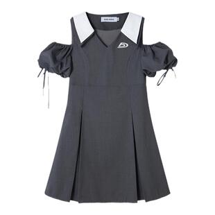 DIDDI 原创设计 泡泡袖镂空灰色连衣裙v领艺术美感显瘦短裙春夏款