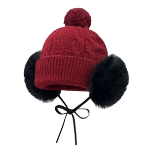 韩版毛绒球球绑带针织雷锋帽子女生秋季保暖可爱护耳毛线帽显脸小