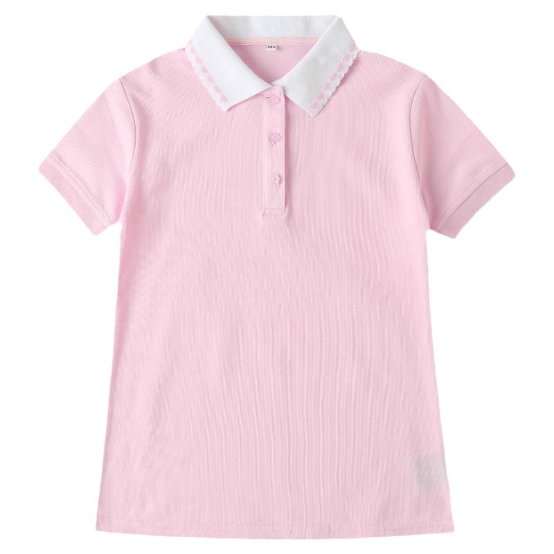 中小学生校服套装女大童粉红色心形领夏季上衣 薄款短袖T恤POLO衫