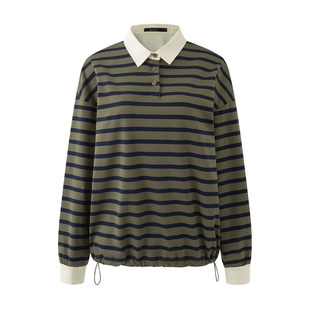 韩国sana同款绿色条纹POLO衫女宽松长袖休闲设计感上衣百搭不挑人