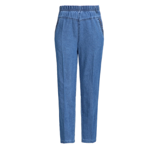 妈妈牛仔裤女夏薄款九分裤松紧腰直筒裤宽松高腰中老年女裤小个子