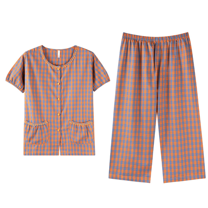 梭织棉纱布睡衣女夏季纯棉短袖七分裤格子2026新款夏季全棉家居服