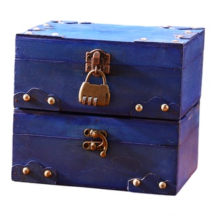 复古带锁蓝色木质密码盒做旧铆钉木箱子桌面储物盒中式首饰收纳箱