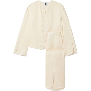 【折扣】Sleeper 秋冬女白色新中式提花缎布睡衣套装