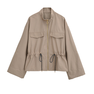 欧美金属感拉链游猎装款系带收腰夹克工装风假口袋宽松休闲风衣女