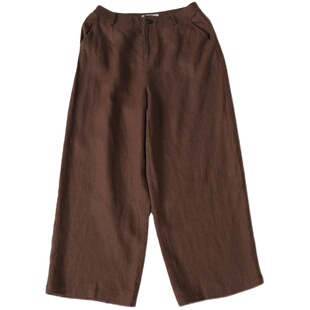 远家纯亚麻板栗色复古小翻领短袖衬衫平腰直筒九分休闲裤HF3690