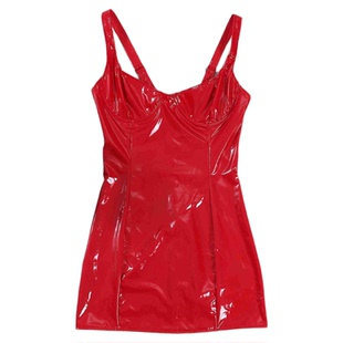 Chest Wrapping Sling PU Leather Dress 亮光裹胸吊带PU皮连衣裙