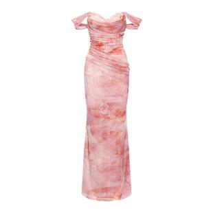 【蓝盈莹同款】SheerLuck 25新款法式复古一字肩褶皱晕染度假长裙