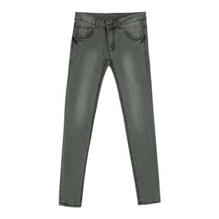 高街男款复古浅灰色修身小脚牛仔裤男slp潮流弹力休闲百搭长裤子