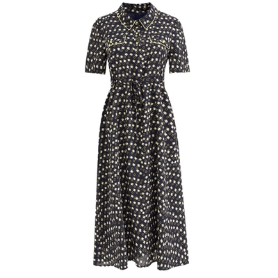 马天奴宝蓝色印花衬衫领连衣裙