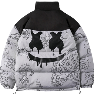 ER腰果花印花立领短款羽绒服男2023新款拼接撞色外套国潮牌情侣装