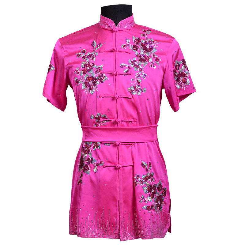 言一武术亮片绣花新款玫红色彩服表演服长拳南拳练功比赛服女男