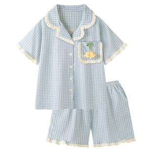 『绵云晴空』清新格纹男士睡衣女款夏季大码可爱铃兰花情侣家居服