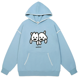 GUUKA&matsui联名小狗重磅卫衣男秋纯棉贝壳绣连帽衫落肩加绒上衣