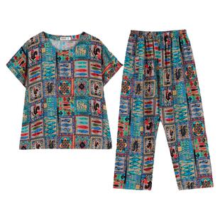 夏季新款妈妈棉绸睡衣女薄款中老年绵绸家居服人造棉短袖大码套装