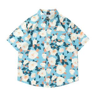 TARVEL ISLAND 棉花糖 清新天空蓝花朵油画慵懒风夏威夷短袖衬衫