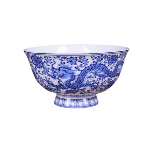 中式青花瓷高脚吃饭碗防烫景德镇骨瓷家用高档怀旧仿古龙凤陶瓷碗