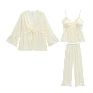 乐姿梦轻柔软春夏季睡衣女蕾丝边性感吊带家居服冰丝三件套带胸垫