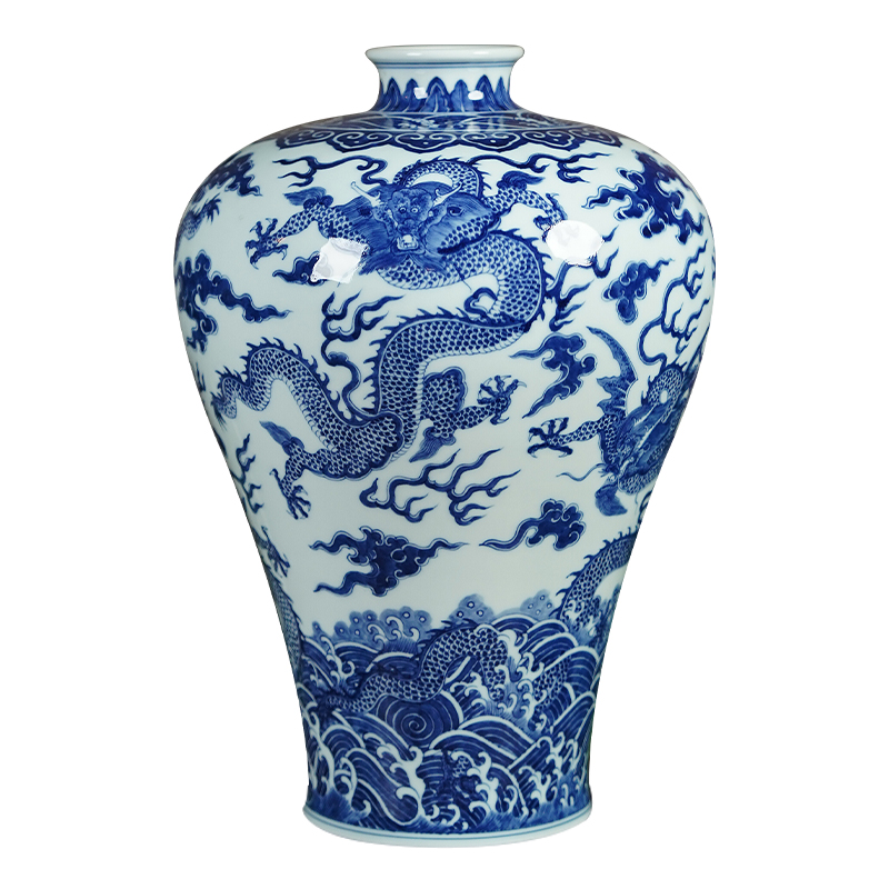 皇窯景德鎮(zhèn)陶瓷花瓶手繪青花海水云龍紋梅瓶客廳茶室擺件高檔送禮