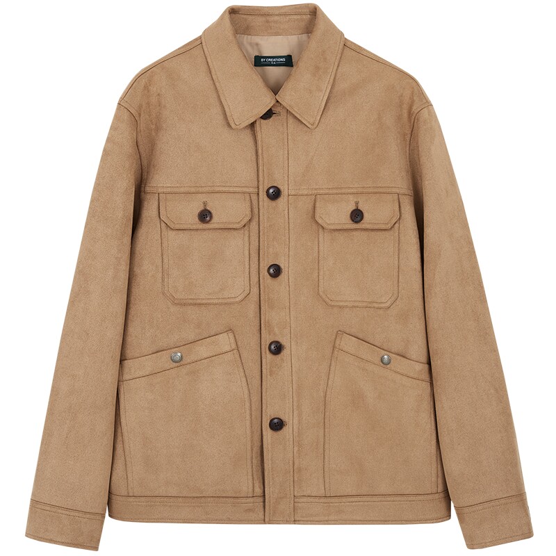 柏品仿麂皮绒工装翻领夹克男士2025春新多口袋美拉德修身复古外套