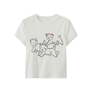 西町村屋简约印花T恤2026春新款快乐小狗可爱风短袖上衣XHBA10139