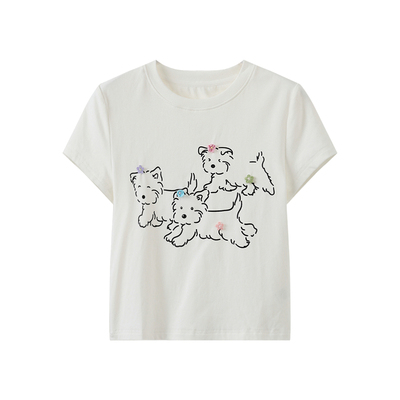 西町村屋简约印花T恤2026春新款快乐小狗可爱风短袖上衣XHBA10139