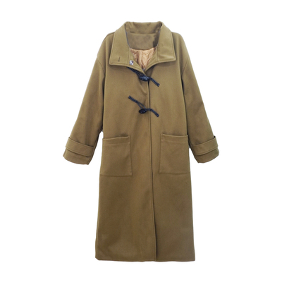 复古棕色牛角扣加厚呢子大衣女