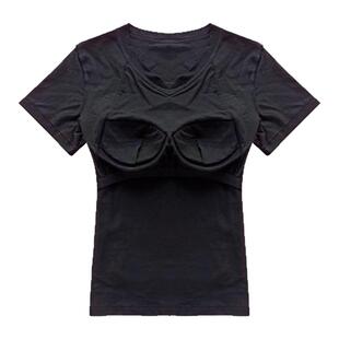 带胸垫短袖t恤女大码V领打底衫白色夏瑜伽运动免穿文胸罩杯体恤