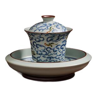 青花手绘马蹄盖碗陶瓷三才盖碗不烫手青花泡茶碗家用办公功夫茶具