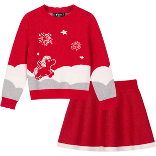 [商场同款]水孩儿女童套裙2026春装新品马年红色毛衣针织裙两件套