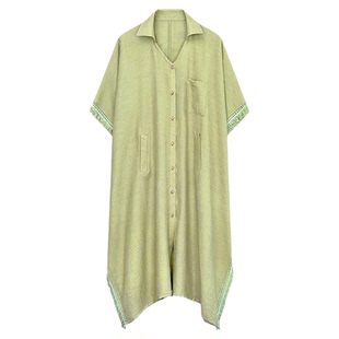 【一片闲云】棉麻混纺流苏衬衫裙 肌理坑条披肩风格 赠内搭小吊带