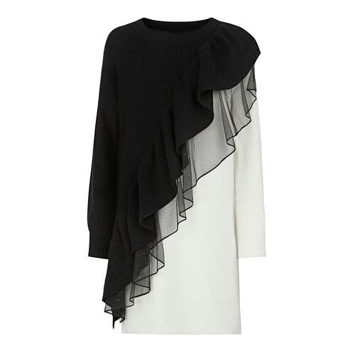 sdeer圣迪奥女装秋圆领网纱荷叶边撞色针织连衣裙S241Z1230