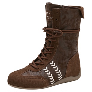 千百度厚底拳击靴女系带平底系带运动休闲机车靴内增高马丁短靴女