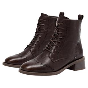 接吻猫[黑胶唱片]马丁靴布洛克短靴复古粗跟水洗牛皮时装靴加绒