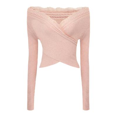 Mess Studio 辣妹设计感气质温柔露肩露背交叉粉色针织毛衣女春秋