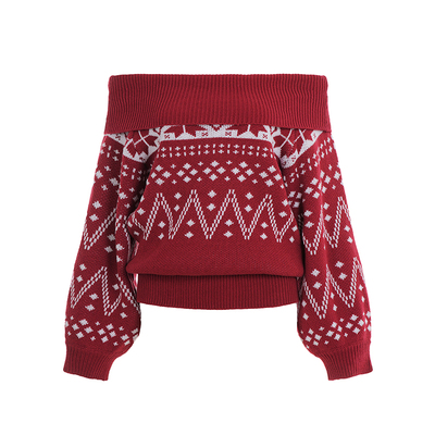 欧美费尔岛提花一字领露肩毛衣女