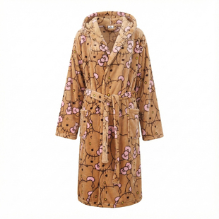 黑皮KT法兰绒睡袍女冬季保暖纯欲连帽家居服睡衣女卡通印花长款