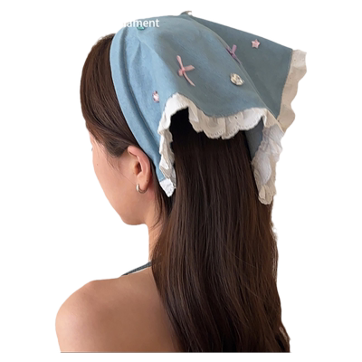 多巴胺少女牛仔蓝三角巾发箍女