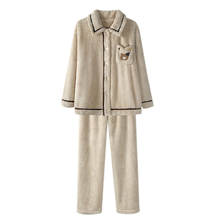 文森熊猫雪花绒秋冬家居服睡衣女士可外穿加绒加厚法兰绒套装