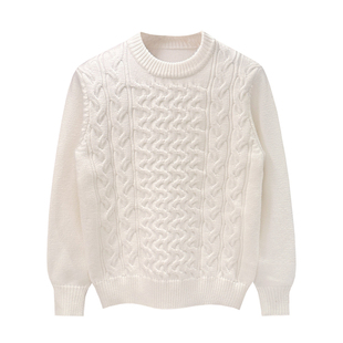 老钱风男装高级白色男士针织衫美式复古休闲加厚麻花毛衣男款冬季