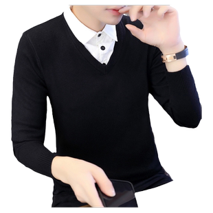 衬衣领毛衣男假两件韩版修身秋冬新款潮流针织假领加绒加厚打底衫