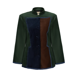 Bettychow 梅丁同款 丝绒绿拼色修身西装外套秋季时尚撞色上衣