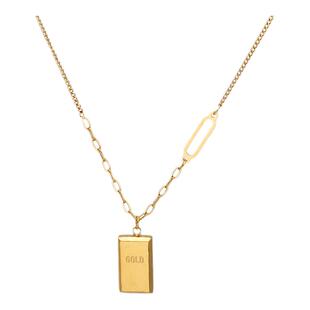 小金条方牌项链女轻奢小众设计高级感钛钢毛衣链不掉色卫衣链配饰