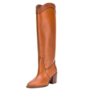 网红娜扎同款尖头粗高跟真皮及膝长筒靴欧美走秀靴直筒大码骑士靴