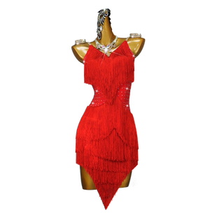 2026新款红色拉丁舞流苏连衣裙舞蹈套表演出比赛服装专业高级花服